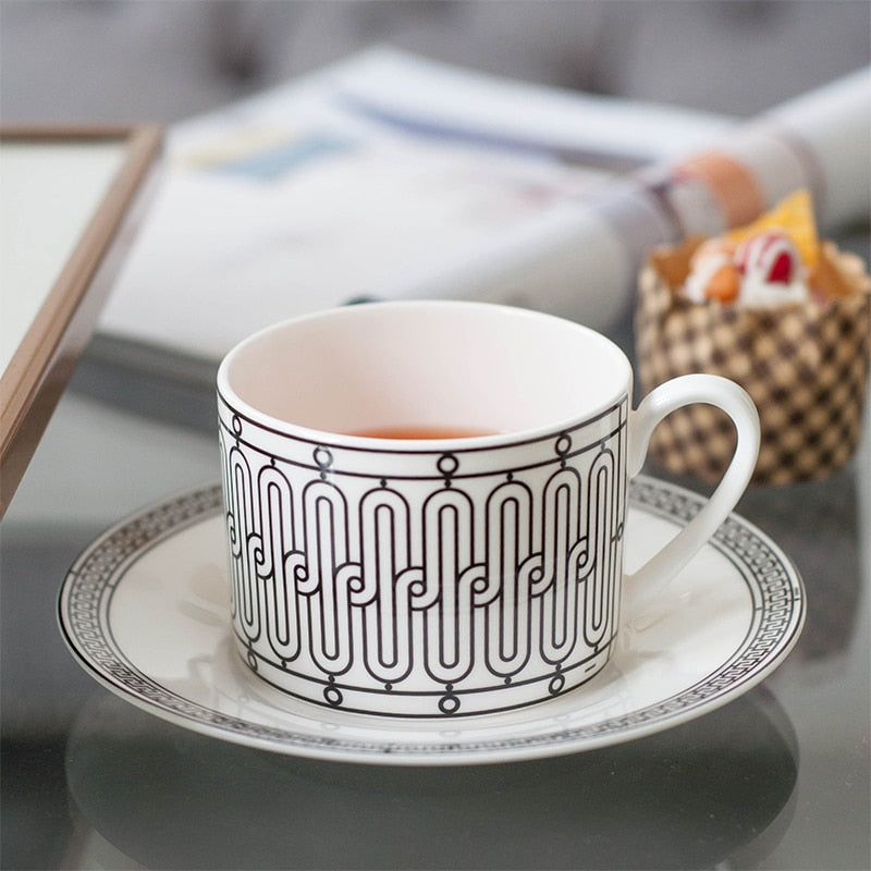 Elegant Black and White Bone China Cup and Saucer