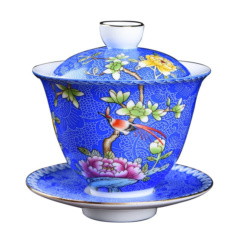 Beautiful Enamel Floral Tea Cup and Saucer.