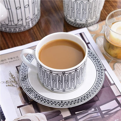 Elegant Black and White Bone China Cup and Saucer