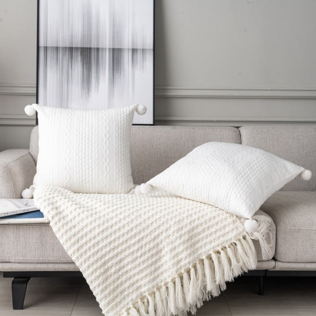 White Pom Pom Cushion Covers